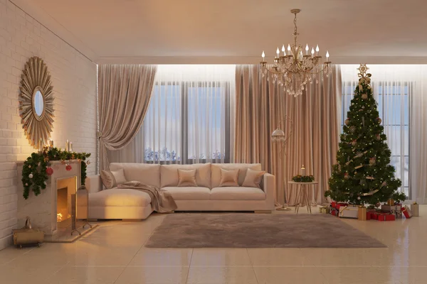 Şömine, ağaç ve hediyeleri Noel oturma odası
