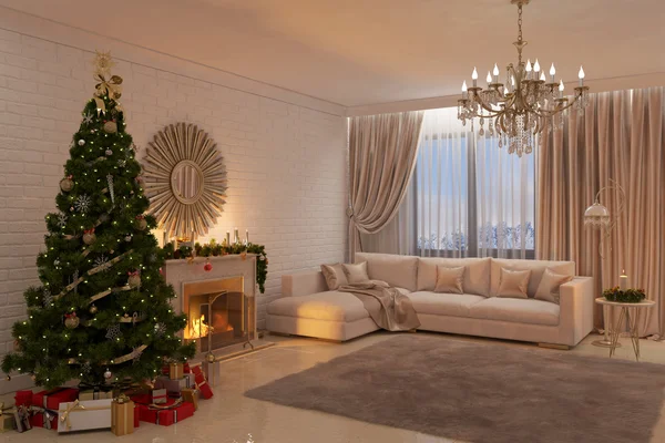 Christmas livingroom with fireplace, tree and presents — Stock Photo, Image