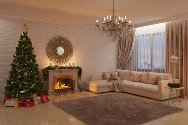Şömine, ağaç ve hediyeleri Noel oturma odası