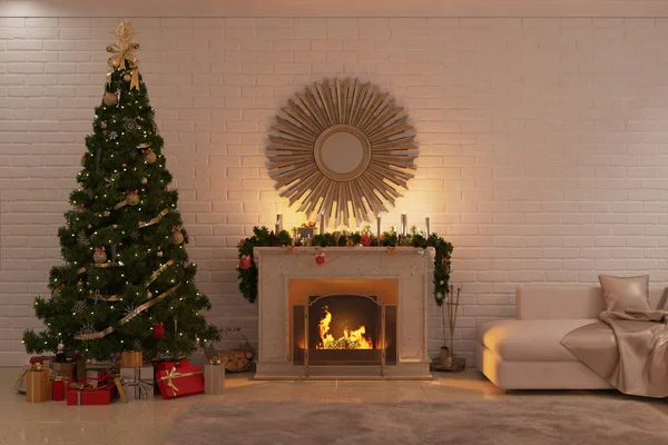 Salón de Navidad con chimenea, árbol y regalos — Foto de Stock