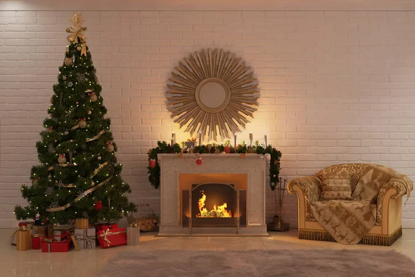 Noel ateşin yanında hediye ve rahat bir koltuk ile Noel ağacı — Stok fotoğraf