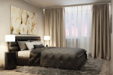 Akşam beyaz gül ile modern yatak odası