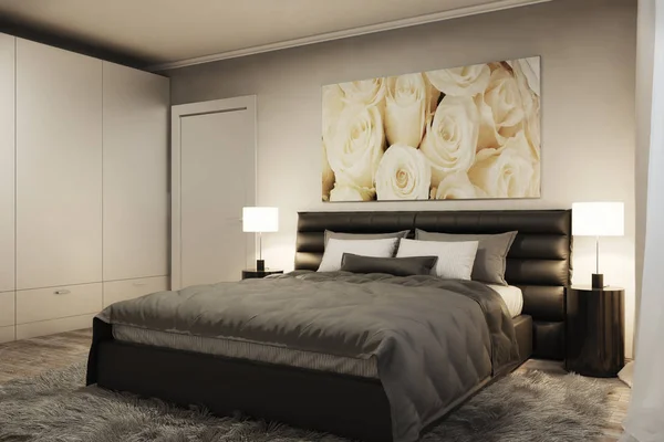 Akşam beyaz gül ile modern yatak odası — Stok fotoğraf