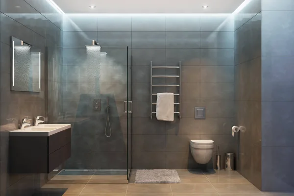 Gray modern shower room in the evening — Stockfoto