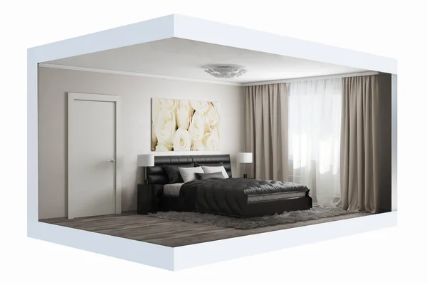 Bir yatak odası 3D resimde yan görünüm — Stok fotoğraf