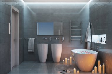 gri modern banyo 3D çizimi akşam 