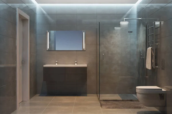 gri modern banyo ekipmanları ve aksesuarları ile 3D çizimi akşam