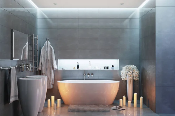 gri modern banyo 3D çizimi akşam 