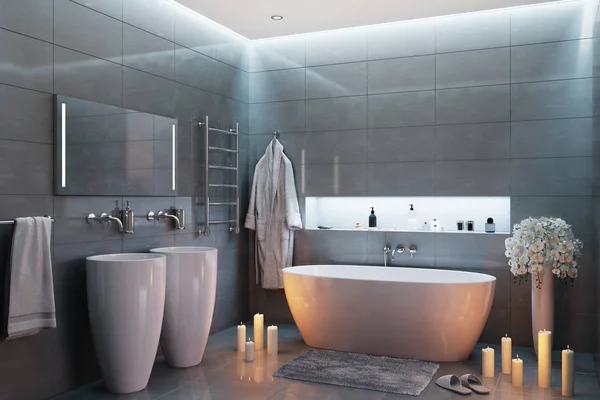 gri modern banyo 3D çizimi akşam 