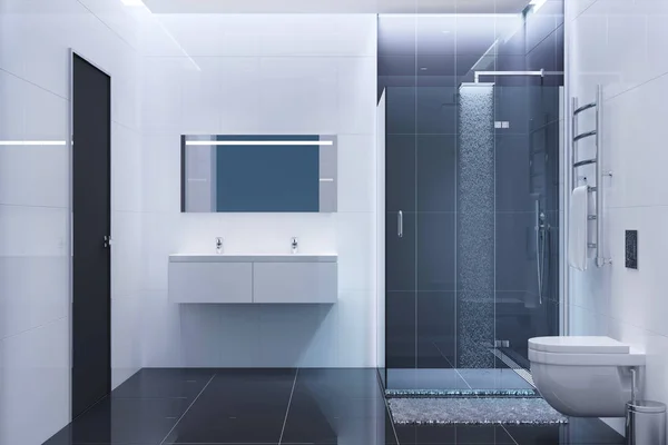 Cuarto de baño moderno en blanco y negro por la noche — Foto de Stock