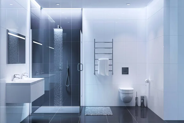 Cuarto de baño moderno en blanco y negro por la noche — Foto de Stock