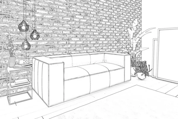 3D例证 舒适的客厅 沙发和砖墙 — 图库照片