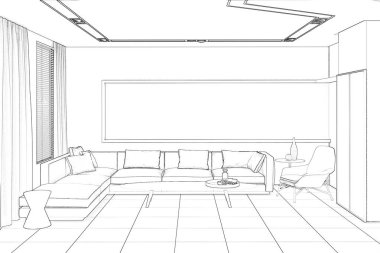 3D çizim. Modern oturma odası taslağını