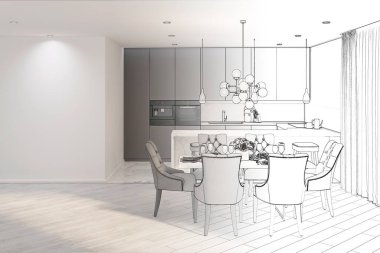 3D çizim. Modern yemek odası taslağını gerçek bir iç içine döner