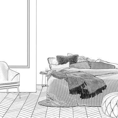 3 boyutlu illüstrasyon. Model duvarlı modern yatak odası çizimi.