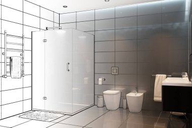 3 boyutlu illüstrasyon. Modern duş odasının çizimi.