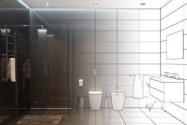 3 boyutlu illüstrasyon. Modern duş odasının çizimi.