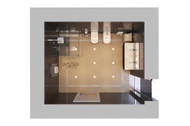 Siyah modern duş odasının üç boyutlu resmi. Üst görünüm