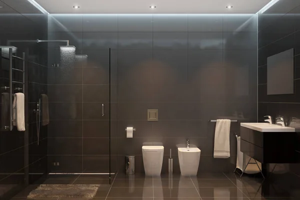 3 boyutlu illüstrasyon. Akşamları siyah modern duş odası.