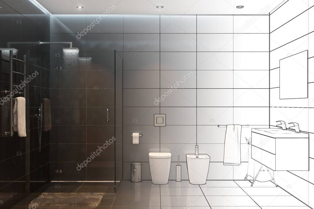 3d illustration. Sketch of the modern shower room