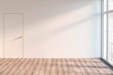 3 boyutlu illüstrasyon. Kapısı ve penceresi olan boş bir oda