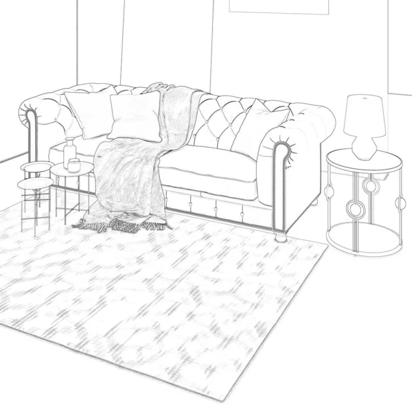3D例证 舒适的有沙发的现代化房间的素描 — 图库照片