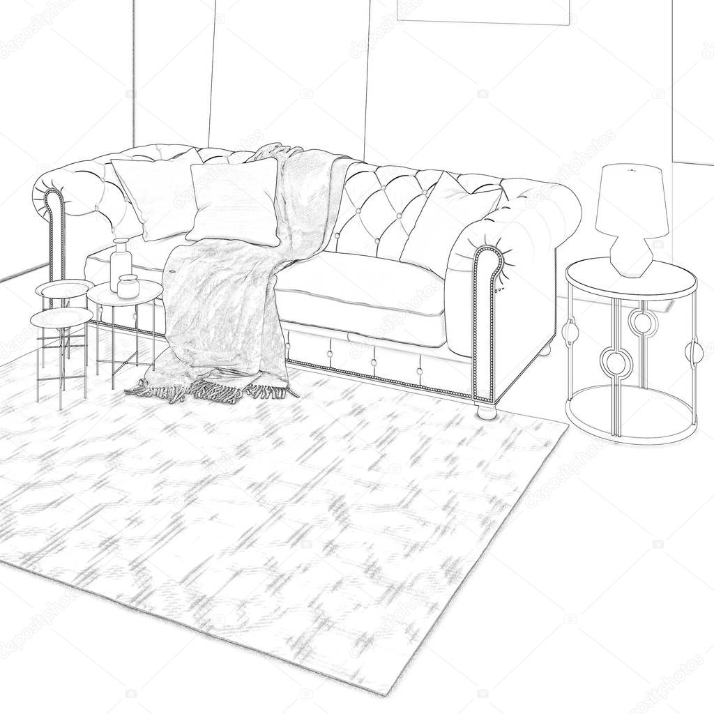 3d illustration. Sketch of the cozy modern room with sofa