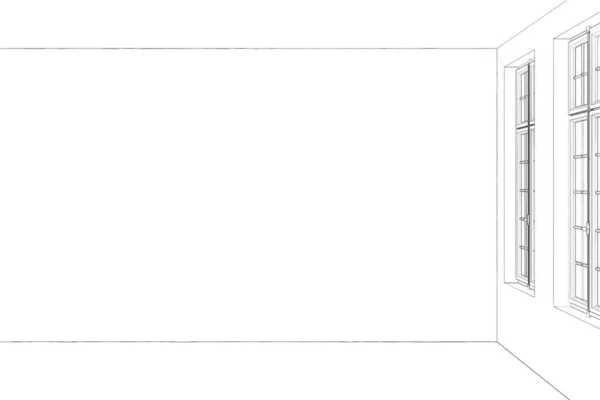 Σκίτσο Ενός Άδειου Δωματίου Παλιά Παράθυρα Μόδας Μπροστά Εικονογράφηση — Φωτογραφία Αρχείου