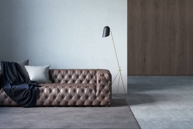 Modern oturma odası deri kanepe, beyaz duvar, yastıklar, ekose, lamba, halı ve fayanslı döşeme. 3d illüstrasyon