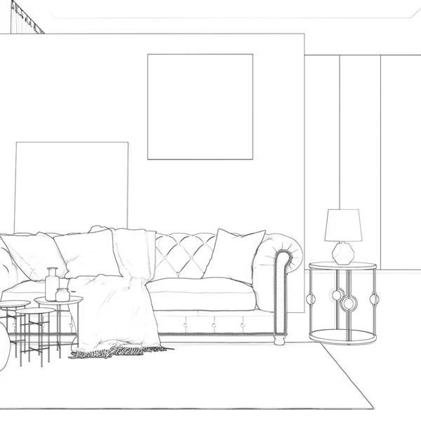 3D例证 舒适房间内部的素描 — 图库照片