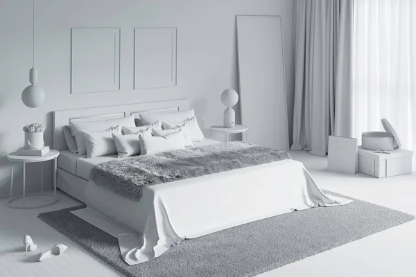 Boyutlu Illüstrasyon Beyaz Bilgisayar Ekibinde Büyüleyici Bir Yatak Odası — Stok fotoğraf