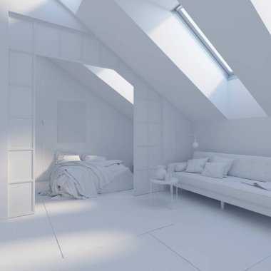 3 boyutlu illüstrasyon. Tavan arasındaki daireler beyaz bilgisayar eşyalarıyla dolu.