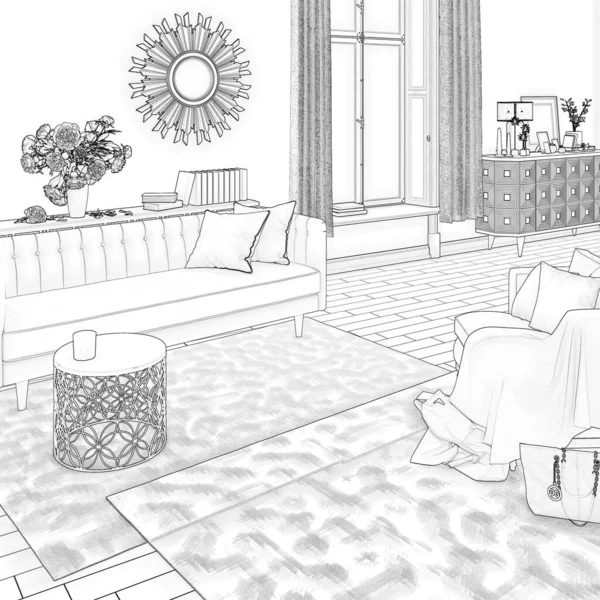 带沙发和镜子的客厅的素描 3D渲染 — 图库照片