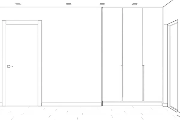 Sketch of the empty hallway with closed doors, wardrobe, tiled floor, and an empty wall. Front view. 3d illustration