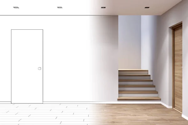 Sketch Entrance Hall Stairs Doors Tiled Floor Became Real Interior — Stock Photo, Image