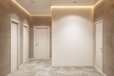 Boş bej renkli modern giriş salonu, duvarları ve kapıları var. Ön manzara. 3d illüstrasyon.