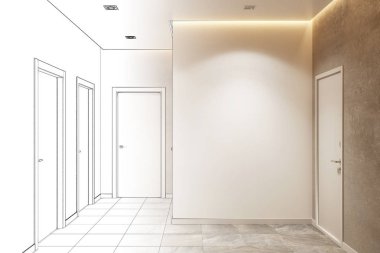 Duvarları ve kapıları olan boş modern giriş salonunun çizimi gerçek bir iç mekan haline geldi. Ön manzara. 3d illüstrasyon.