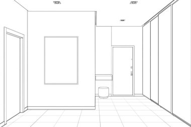 Modern giriş salonunun robot resmi poster çerçevesi, gardırop, puf ve kapılar. Ön manzara. 3d illüstrasyon.