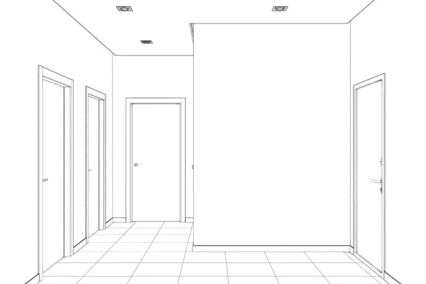 Skizze Einer Leeren Modernen Eingangshalle Mit Einer Attrappe Und Türen — Stockfoto