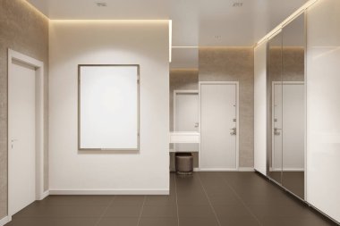 Bej renkli modern giriş salonu poster çerçevesi, gardırop, ayna, puf ve kapılar. Ön manzara. 3d illüstrasyon.