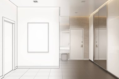 Duvarları ve kapıları olan boş modern giriş salonunun çizimi gerçek bir iç mekan haline geldi. Ön manzara. 3d illüstrasyon.