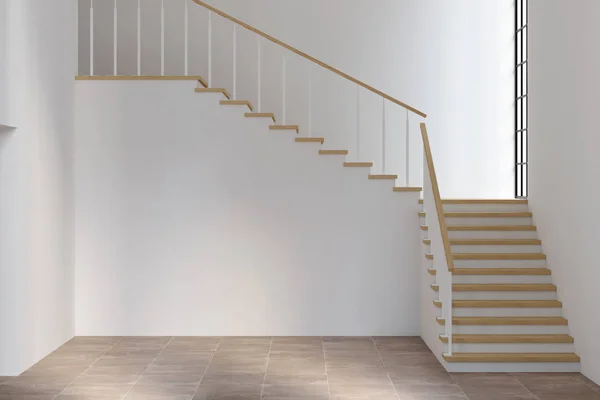 Salón Blanco Vacío Dos Luces Con Una Escalera Render — Foto de Stock