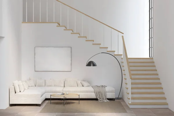 White living room with sofa, blank canvas, coffee table, lamp, and stairs. 3d illustration