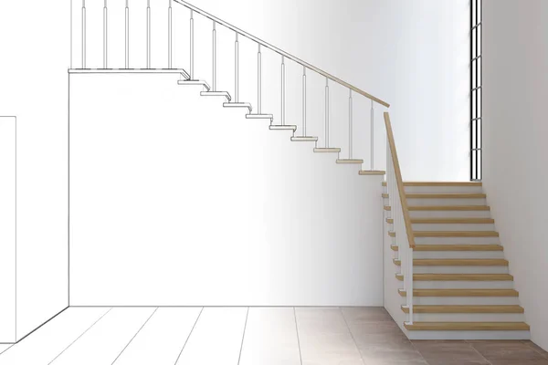 Esbozo Salón Vacío Dos Luces Con Una Escalera Convirtió Verdadero — Foto de Stock
