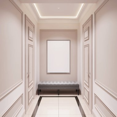 Bej rengi klasik koridor içi. Model poster, bank, pervazlar ve iki kapılı. Ön manzara. 3d hazırlayıcı