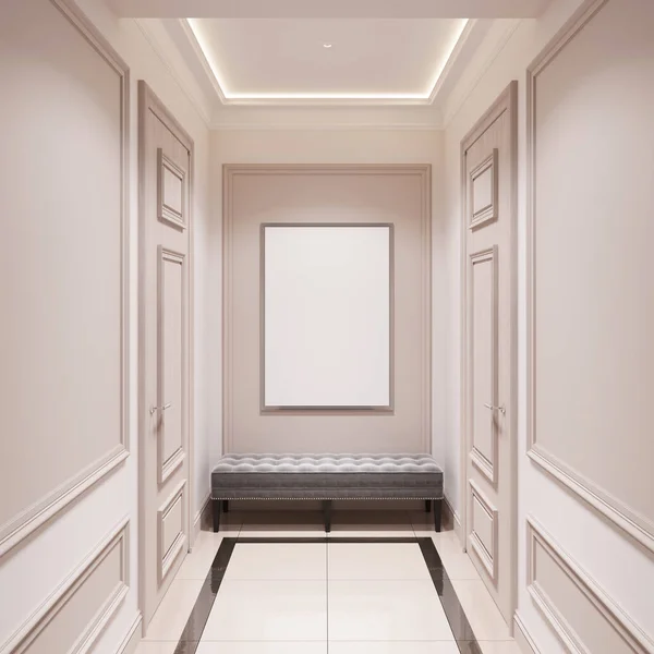 Interior Clásico Beige Con Carteles Bancos Molduras Dos Puertas Vista — Foto de Stock