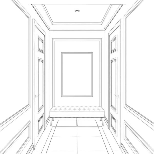 モックアップポスター ベンチ 成形品と2つのドアを持つ古典的な廊下のインテリアのスケッチ 正面図 3Dレンダリング — ストック写真