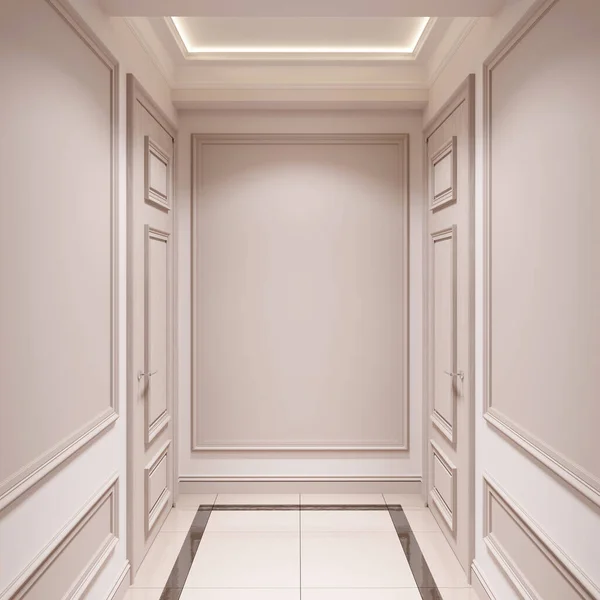 Interior Clásico Beige Con Molduras Dos Puertas Vista Frontal Render — Foto de Stock