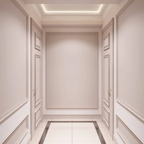 Couloir Classique Couleur Beige Avec Moulures Deux Portes Vue Face — Photo