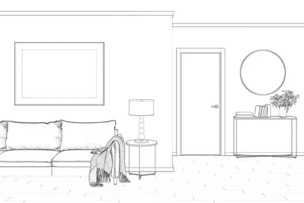现代客厅内部的素描 有沙发 模拟海报 床头柜 灯和门 3D说明 — 图库照片